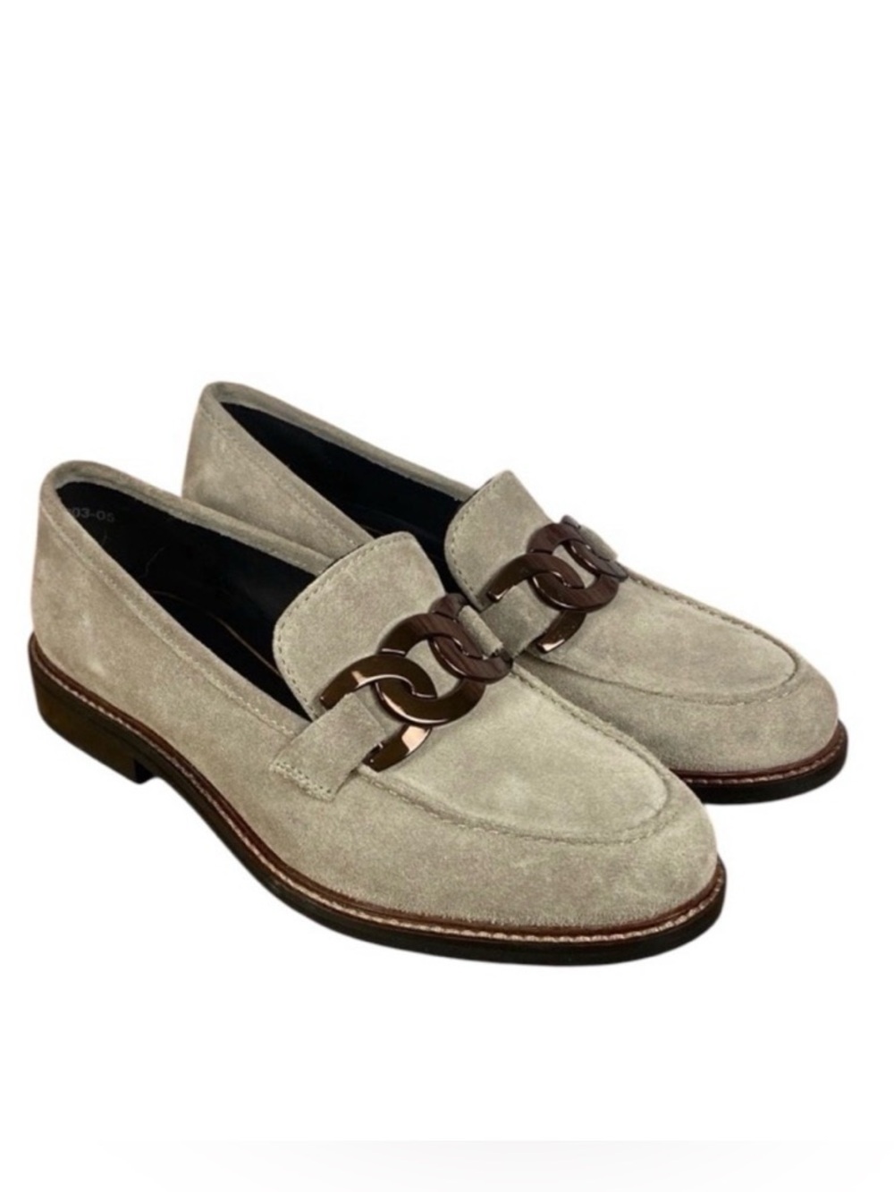 ARA KYLE2 Neutral Beige Suede Leather Bronze Chain Accent Classic Loafers Sz 7